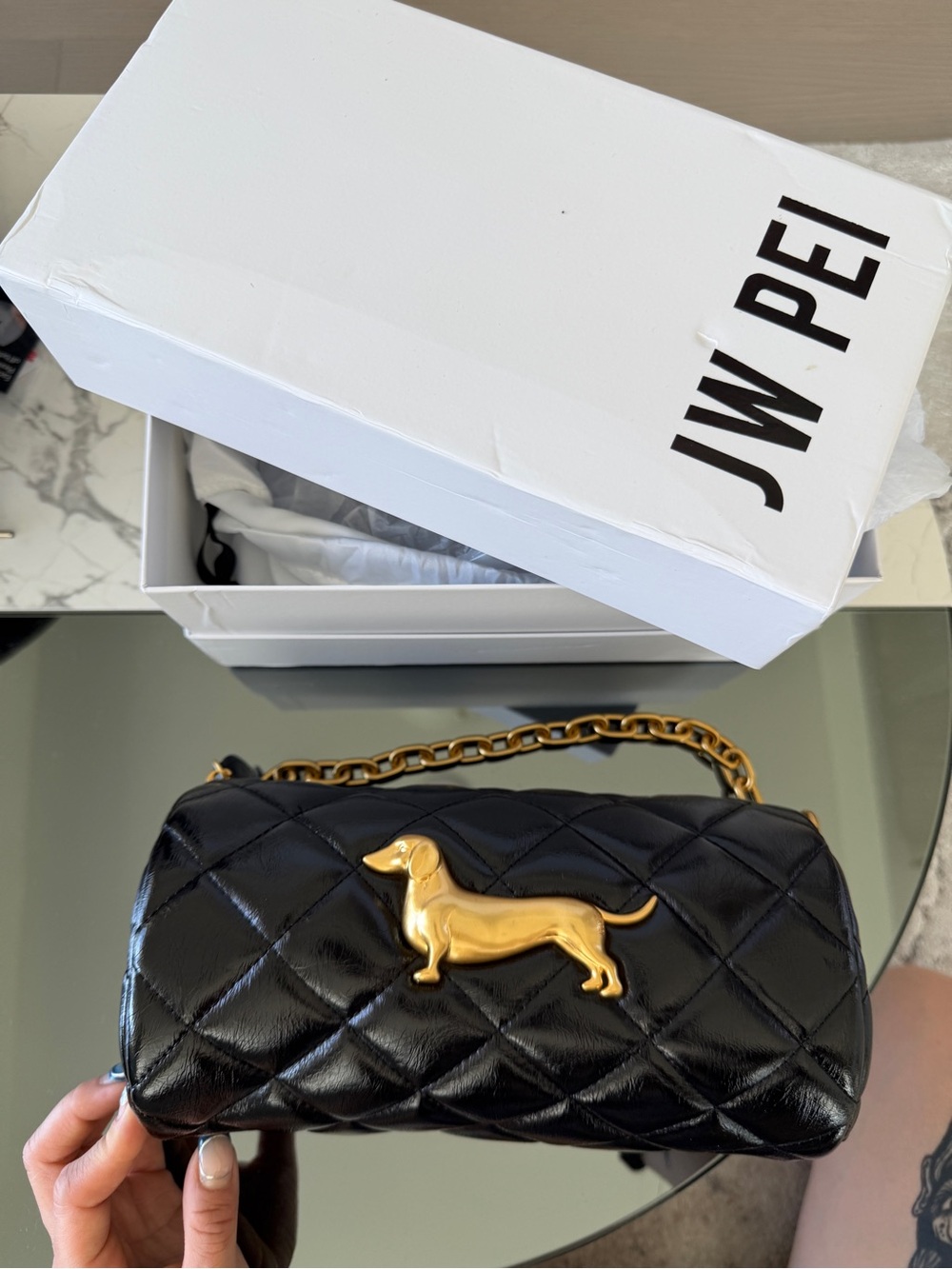 JW PEI Black Quilted Shoulder Bag with Gold Dachshund Accent